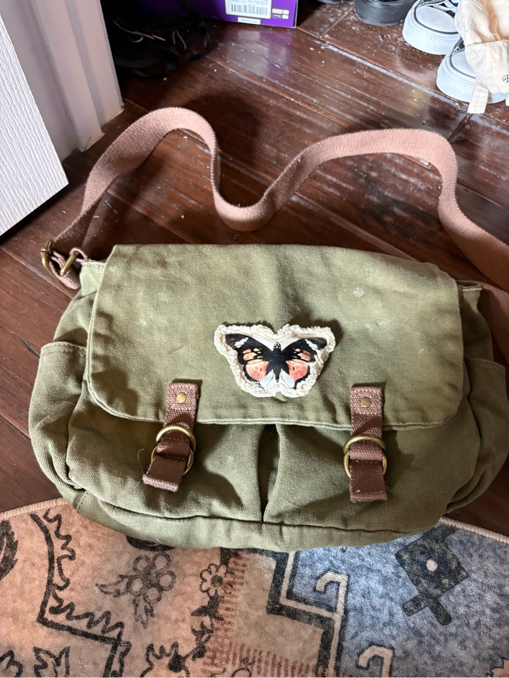 Hot Topic Olive Green Canvas Crossbody with Butterfly Patch